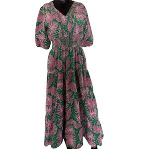 Elegant Pink and Green Floral Long Sleeve Dress